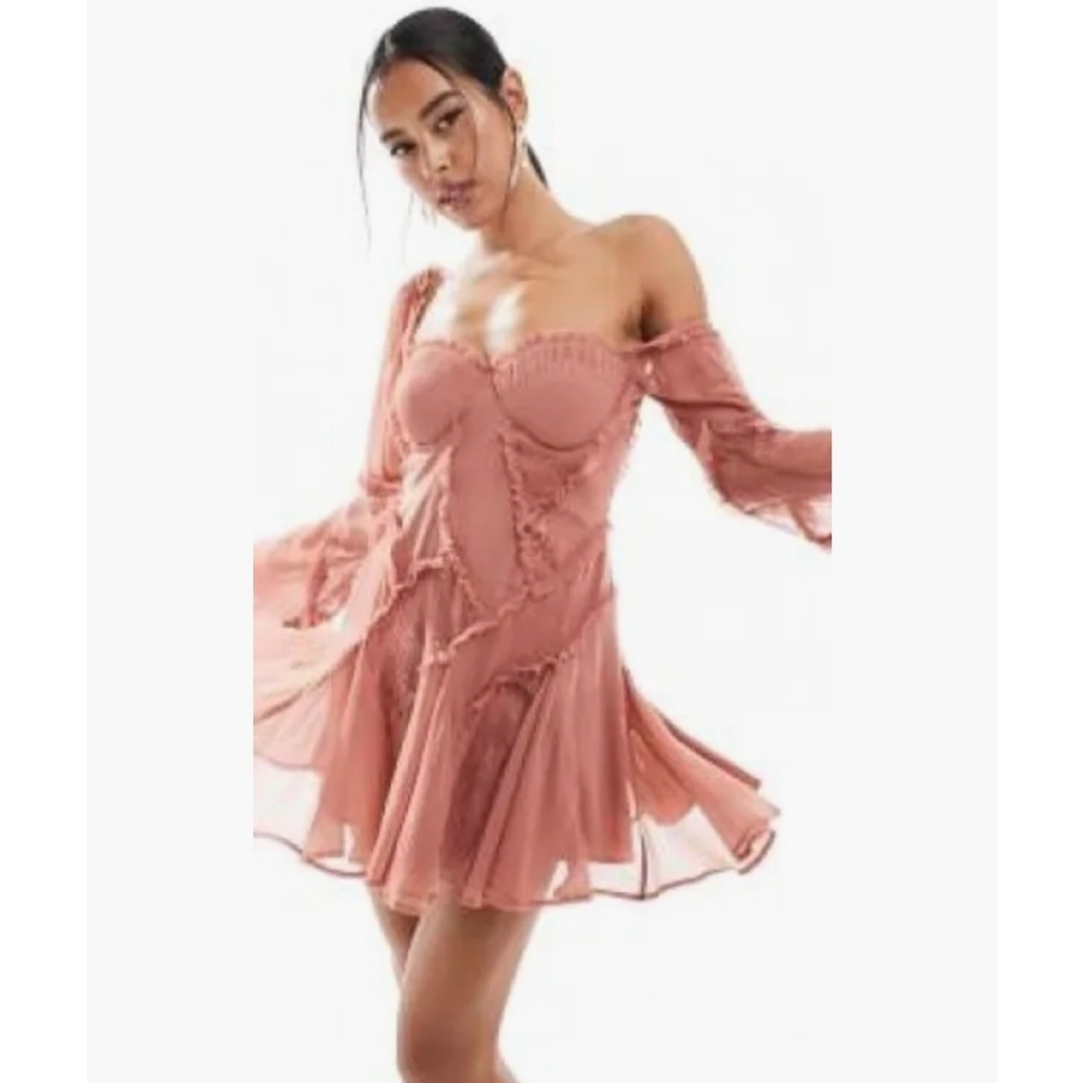 ASOS DESIGN long sleeve corset mini dress with patchwork lace and chiffon